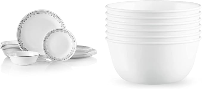 Corelle Vitrelle 18-Piece Service for 6 Dinnerware Set Mystic Gray &amp Vitrelle 28-oz Soup/Cereal Bowls Set of 6 Chip &amp Crack Resistant Dinnerware Bowls