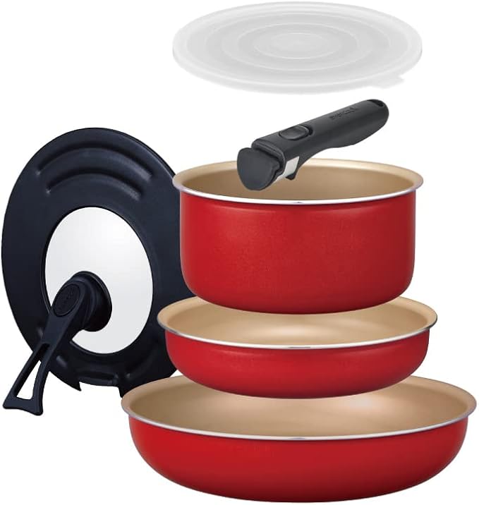 Evercook Frying Pan Set 6-Piece Set Mini Handle and Multi-Use Cover Removable Induction Compatible Red Doshisha