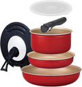 Evercook Frying Pan Set 6-Piece Set Mini Handle and Multi-Use Cover Removable Induction Compatible Red Doshisha