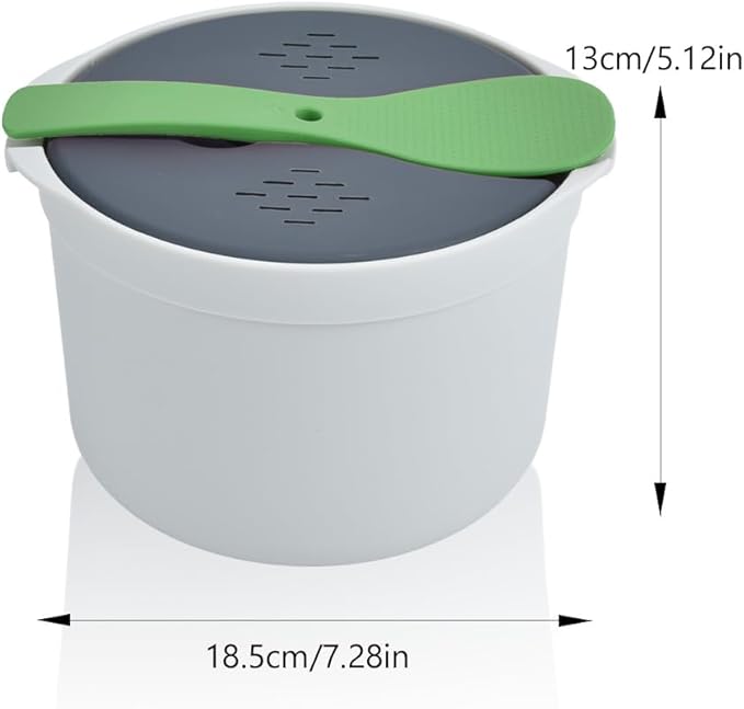 Microwave Rice Cooker 2L Microwavable Rice Steamer Pasta Cooker Non-stick Food Grade PP Rice Cookware Full Set with Lid Spatula and Strainer for Home Meal Prep Baking Noodle Vegetable (Green)