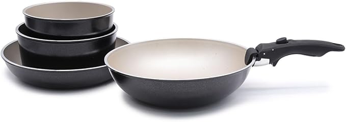 LAGUIOLE 5-Piece Removable Kitchen Set Non-Stick Coating Compatible with All Hobs Induction Aluminium Non-Stick Coating Easy to Clean 16/18/24/28 cm Black/Champagne