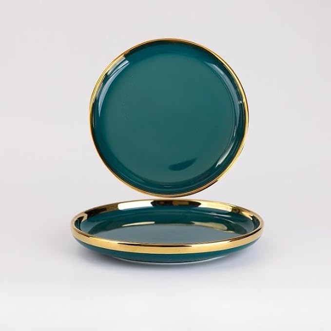 Ceramic Tableware Gilt Rim Green Ceramic Plate Steak Food Plate Tableware Bowl Ins Dinner Dish Porcelain Dinnerware Set for Family Hotel7 Inch Plate 1pcs