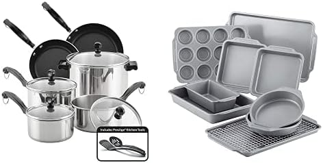 Farberware 15-Piece Stainless Steel Cookware Set + 10-Piece Nonstick Bakeware Set