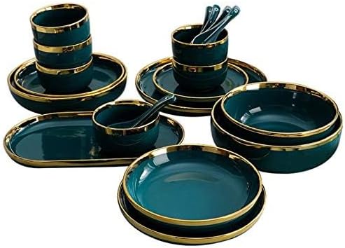 Ceramic Tableware Gilt Rim Green Ceramic Plate Steak Food Plate Tableware Bowl Ins Dinner Dish Porcelain Dinnerware Set for Family Hotel8pcs