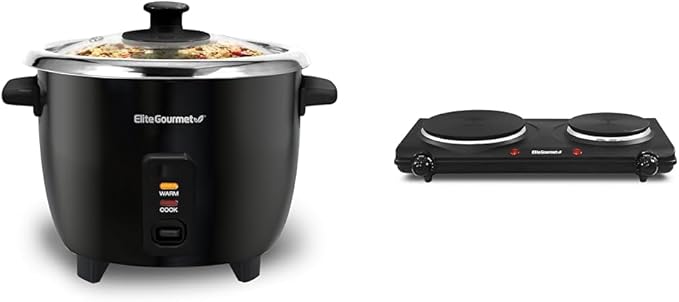 Elite Gourmet 6-Cup Rice Cooker and 1500W Double Burner with 6.5 &amp 6 Cast Iron Plates