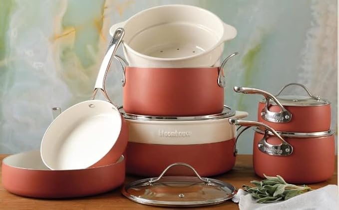 Bloomhouse - Two Time Oprah's Favorite Things Winner - 12 Piece Aluminum Pots and Pans Cookware Set w/Non-toxic Ceramic Non-stick Ceramic Steamer Insert &amp 12 Protective Care Bags - Terracotta Ora
