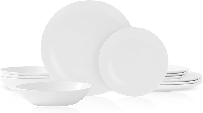 Bestone 12-Piece Round Porcelain Dinnerware Set Service for 4 Chip Resistant Plates and BowlsWhite Dishwasher &amp Microwave Safe for Home Daily Use