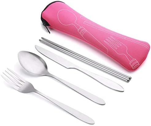 ASD88 4 Pcs/Set Stainless Steel Fork Spoon Chopsticks Travel Camping Cutlery Tools Tableware(Pink) Cookware Set Cookware Picnic Boiler Cookware (Color : Greed)