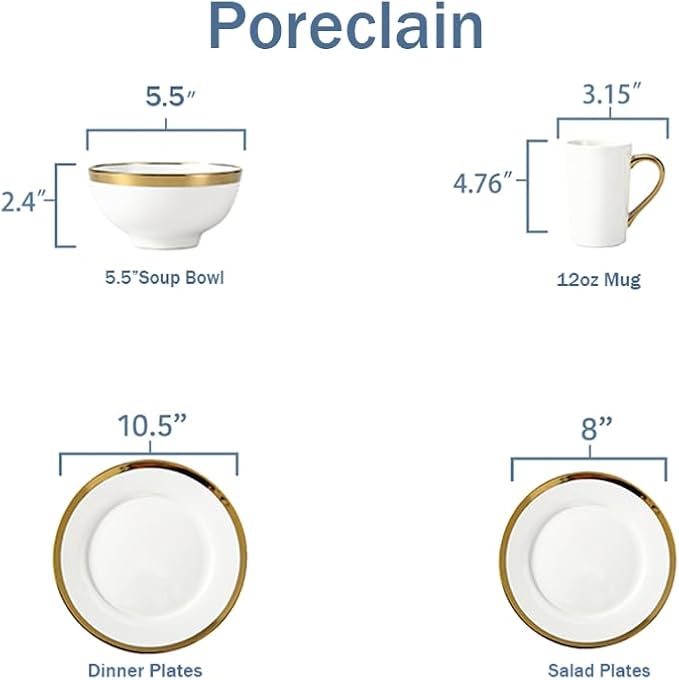 Modern Poreclain 16 Piece Dinnerware Set Plates and Bowls Set Dish set for 4 White And Golden RimDinnerware Sets With Gold Trim