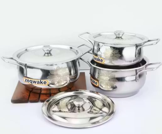 Stainless Steel Serving Pot with Lid | Patila/Bhagona/Handi Set – 3 Pieces (1500ml 1000ml 750ml) | Laser Design Lid with Knob | Multipurpose Cooking &amp Serving Cookware Set