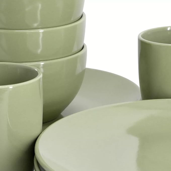 12 Piece Stoneware Dinnerware Set – Round Plates Bowls &amp Mugs for 4 Dishwasher &amp Microwave Safe Modern Matte Finish (Sage Green)