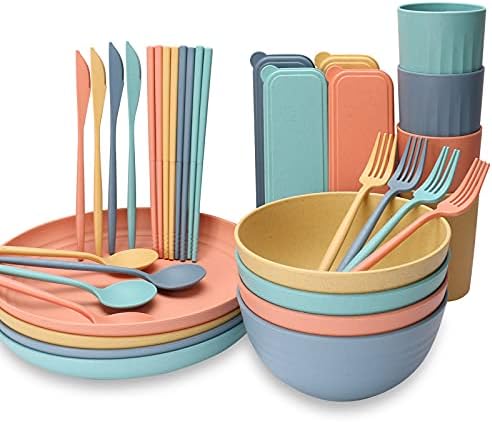Wheat Straw Bowls Cups And Plates 32-Piece Cutlery Set Wheat Straw Dinnerware Sets 32 Piece Unbreakable Wheat Straw Dinnerware Sets Reusable Wheat Straw Plates And Bowls Sets (Multicolor)