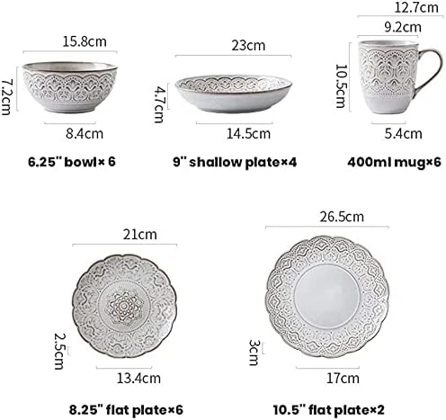 Dinnerware Sets - Luxury Gift Dishes Service Set 24 Pieces Retro Style Porcelain Dinnerware Set | Relief Cereals Bowl &amp Mug &amp Plate for Wedding Gifts and Family Gathering