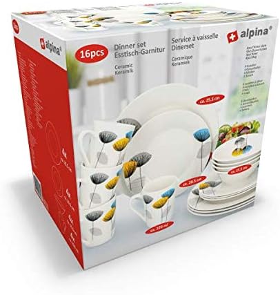 Alpina 16-Piece Ceramic Dinnerware Set - 4 People - White Yellow Blue - Floral Pattern - Microwave &amp Dishwasher Safe