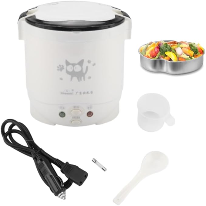 1L Mini Rice Cooker 12V Electric Lunch Box Multifunctional Portable Non Stick Pot White for Car Travel Camping