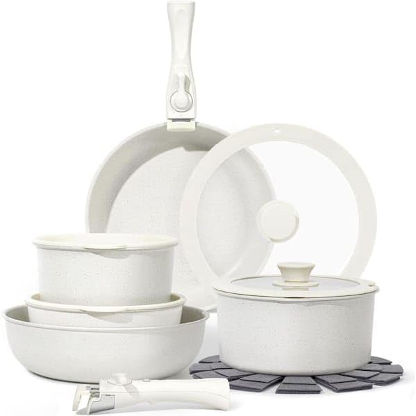 For 15-Piece Nonstick Granite Cookware Set Pots and Pans with Glass Lids Removable Handle