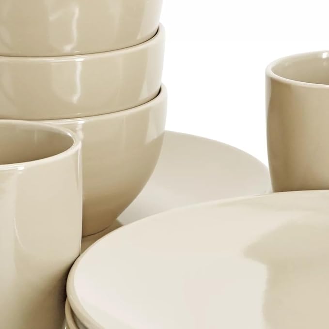 12 Piece Stoneware Dinnerware Set – Round Plates Bowls &amp Mugs for 4 Dishwasher &amp Microwave Safe Modern Matte Finish (Cream)