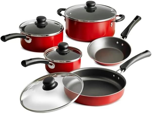 9-Piece Non-Stick Cookware Set - Red Kitchen Pots and Pans Set with Glass Lids Stay-Cool Handles for Gas Electric &amp Induction Stovetops