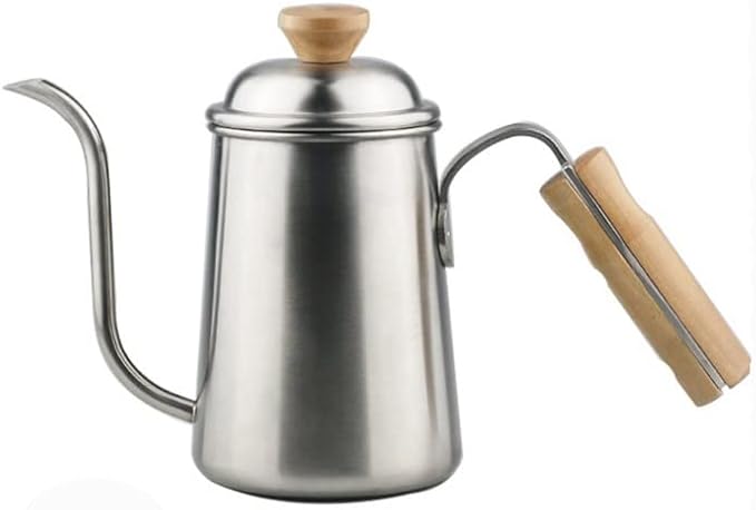 Coffee Press Long Narrow Spout Coffee Pot 304 Stainless Steel Wooden Hand Pour Over Drip Kettle for Coffee Maker Pots(Silver)