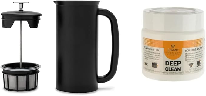 ESPRO - P7 French Press - Double Walled Stainless Steel Insulated Coffee and Tea Maker with Micro-Filter - Keep Drinks Hotter for Longer (Matte Black 32 Oz) Cleaning Powder