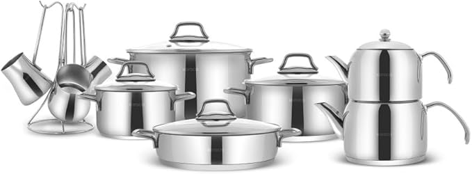 Karaca Belgrade 15 Piece Stainless Steel Wedding Set Pan Set Teapot Cooking Pot Set