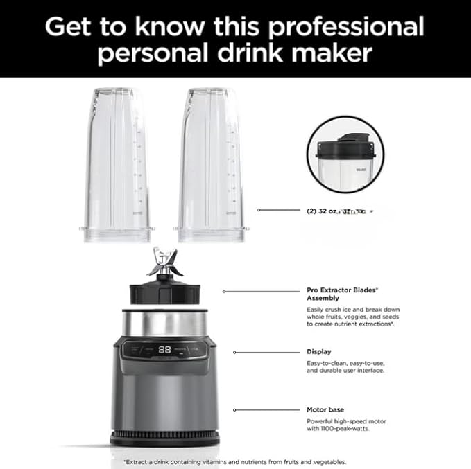 Niinja Nutri Blender Pro with Auto iQ Personal Blender 1100 W Single Server 2 cups 32 oz. Easy Cleanup (model CL 401 A)