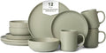 12-Piece Stoneware Dinnerware Set Green Matte Glaze Service for 3 Includes Dinner Plates Salad Plates Bowls Mugs Microwave and Dishwasher Safe
