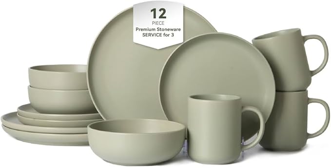 12-Piece Stoneware Dinnerware Set Green Matte Glaze Service for 3 Includes Dinner Plates Salad Plates Bowls Mugs Microwave and Dishwasher Safe