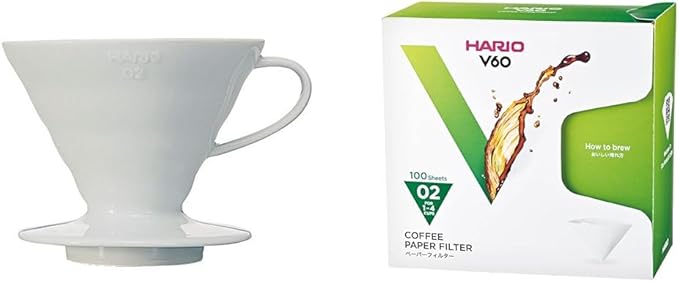 Hario V60 Ceramic Coffee Dripper Pour Over Cone Coffee Maker Size 02 White &amp V60 Paper Coffee Filters Single Use Pour Over Cone Filters Size 02 White Boxed 100 count