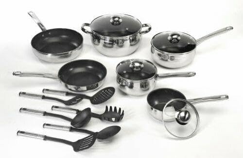 For 18 Pc Belly Shaped Cookware Set w/Encapsulated Base &amp Nonstick Coating