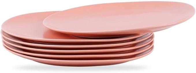 Minimalistic 6 Pieces Organic Shaped Dinner Plates Porcelain Dinnerware Set | Pretty Coral Peach Color Solid Design Dishwasher Microwave Safe Mix &amp Match Set
