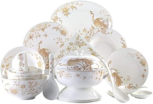 50-Piece White &amp Gold Bone China Dinnerware Set Tabletops Bone White Porcelain Round Dinnerware Collection Service For 10