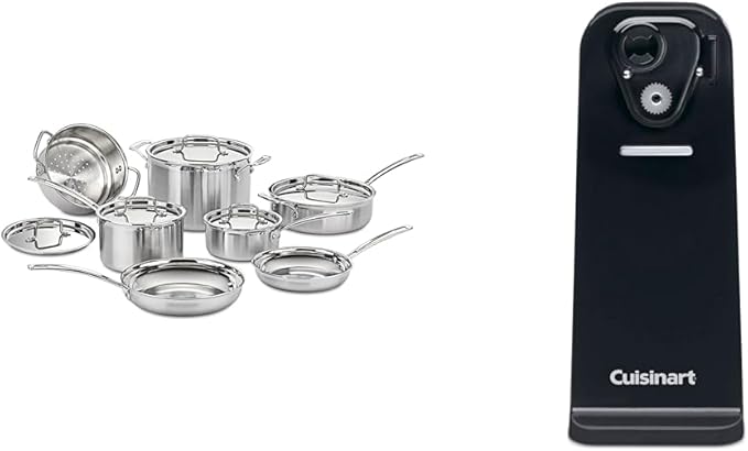 Cuisinart 12 Piece Cookware Set MultiClad Pro Triple Ply Silver MCP-12N &amp CCO-50BKN Deluxe Electric Can Opener Black