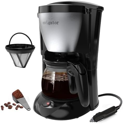 Portable Coffee Maker For Camping Compact Drip Coffee Maker Brewer Includes 22 oz Glass Carafe Reusable Powder Filter Black12V Socket