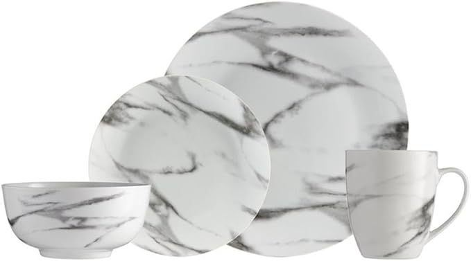 Pemberly Row Modern Porcelain Dinner Set 16 Piece Coupe Marble