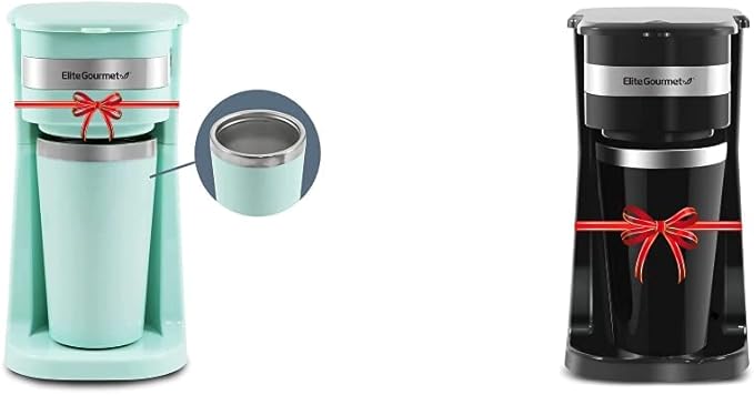 Elite Gourmet Personal Single-Serve Coffee Makers with 14Oz Stainless Steel Travel Mugs Compatible with Coffee Grounds Reusable Filters Mint and Black