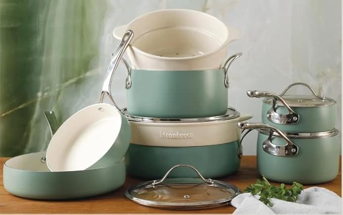 Bloomhouse 12 Piece Aluminum Pots and Pans Cookware Set w/Non-toxic Ceramic Non-stick Ceramic Steamer Insert &amp 12 Protective Care Bags - Sage Green