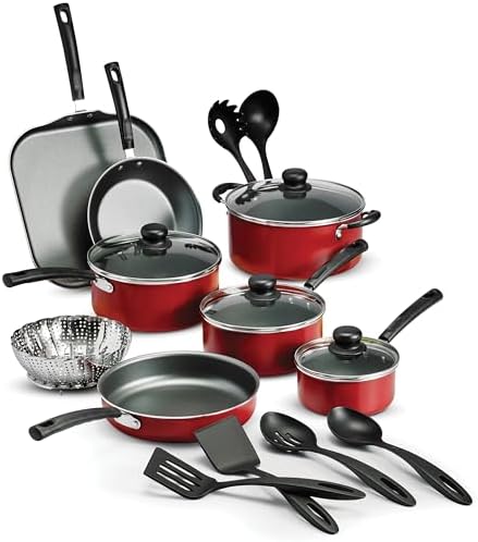 18-Piece Red Non-Stick Cookware Set Includes Multiple Pots Pans &amp Steamer Universal Stovetop Dishwasher Safe Lightweight Aluminum Kitchen Cookware