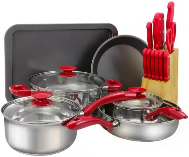 22-Piece Nonstick Cookware and Bakeware Set with Utensils – Kitchen Combo Set with Pots Pans Lids – Red Aluminum Cookware with Heat Resistant Handles