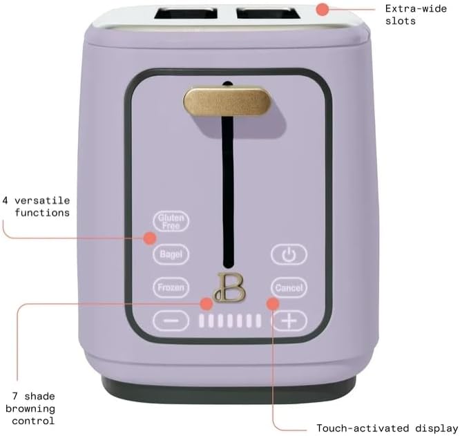 Beauti 2 Slices Toaster with Touch Activated Display 900 W Bagel/Frozen/Reheat Presets Wide Slots Easy Cleaning (Lavender)