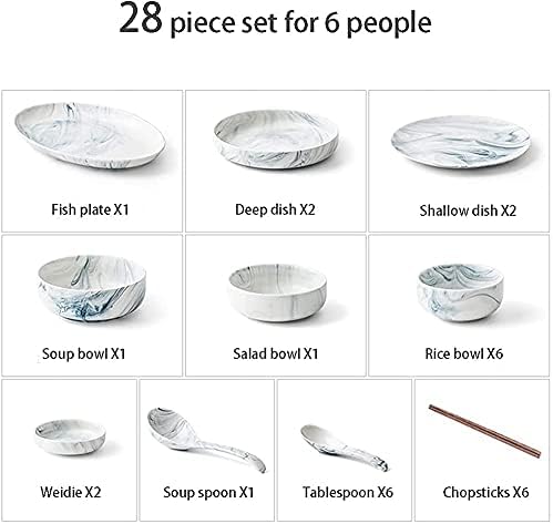 Dinnerware Sets - Luxury Gift Dishes Service Set Ceramic Dinnerware Sets Ins Nordic Creative Plate and Bowl Set Marble Pattern Kitchen Kitchen Plate Set Dishwasher Microwave Safe(28Pcs)
