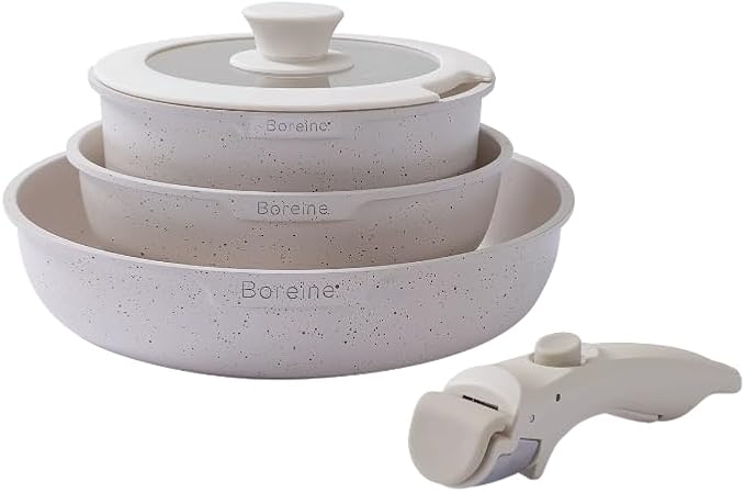 Generic Stackable Non-Stick Ceramic Cookware Set Maifanshi 3-Piece Detachable Handle Stainless Steel (Elegant white 5pcs set) large swo01