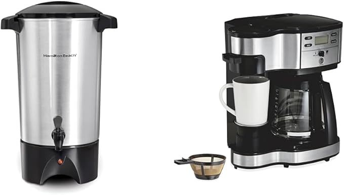 Hamilton Beach 45 Cup Coffee Urn and Hot Beverage Dispenser Silver &amp 2-Way 12 Cup Programmable Drip Coffee Maker &amp Single Serve Machine Glass Carafe