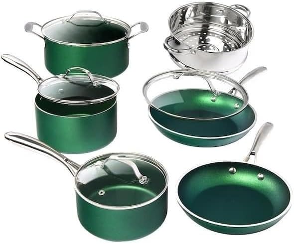 For Emerald Green10-Piece Aluminum Ultra-Non-Stick Diamond Infused Cookware Set with Glass Lids