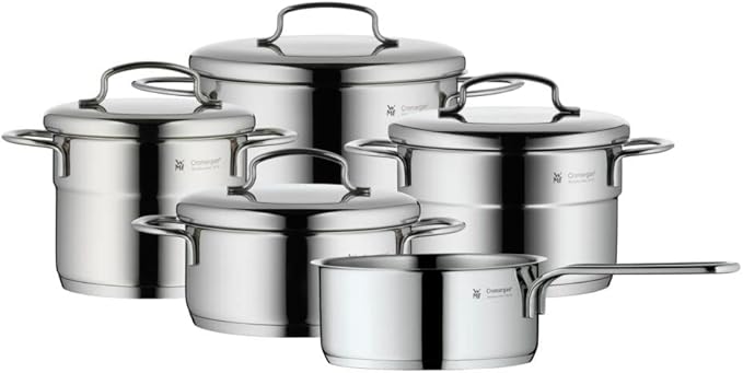 WMF 0718556040 Mini pan set 5-piece stainless steel lids saucepan Cromargan 18/10 Stainless steel Space saving Stackable Design universal bottom induction Dishwasher safe