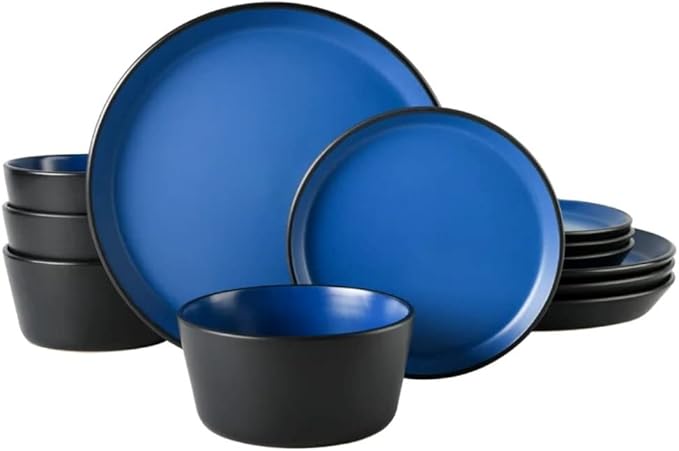 12 Piece Classy Dinnerware Sets Service For 4 | Dishwasher Microwave Oven Safe Stackable Chip &amp Scratch Resistant Contemporary Look Durable Stoneware Kitchen Bright Blue Black Color Cool
