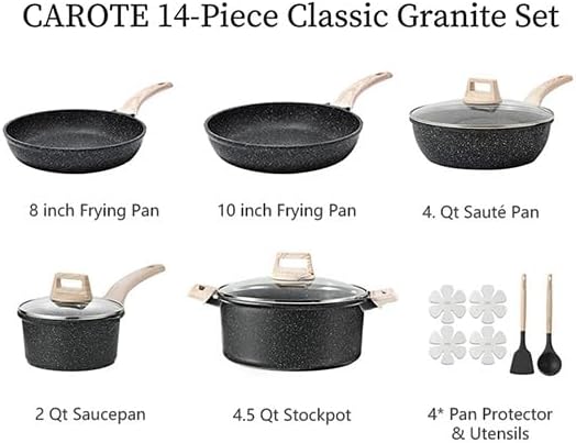 CAROTE 14Pcs Pots and Pans Set Non Stick Cookware Sets Induction Cookware Granite Cooking Set with Frying Pans Saucepans Saute Pan Extra Large Casserole