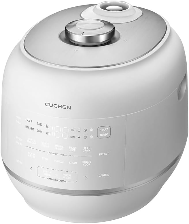 Cuchen 10-Cup Premium IH Pressure Rice Cooker with 316Ti Stainless Steel Inner Pot 2.1 Bar High Pressure for Multi-Grain &amp Canning Auto Steam Clean White (CRT-RPD1010IEWUS)