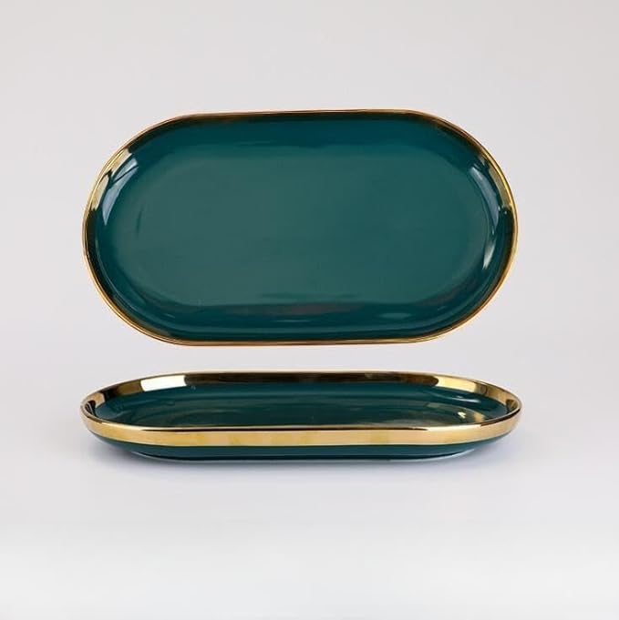 Ceramic Tableware Gilt Rim Green Ceramic Plate Steak Food Plate Tableware Bowl Ins Dinner Dish Porcelain Dinnerware Set for Family Hotel12 Inch Plate 1pcs