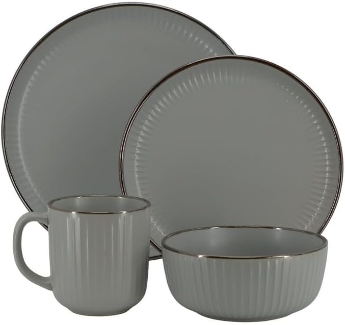 16 Piece White Stoneware Dinnerware Set – Microwave &amp Dishwasher Safe Plates Bowls and Mugs for 4 (Gray)